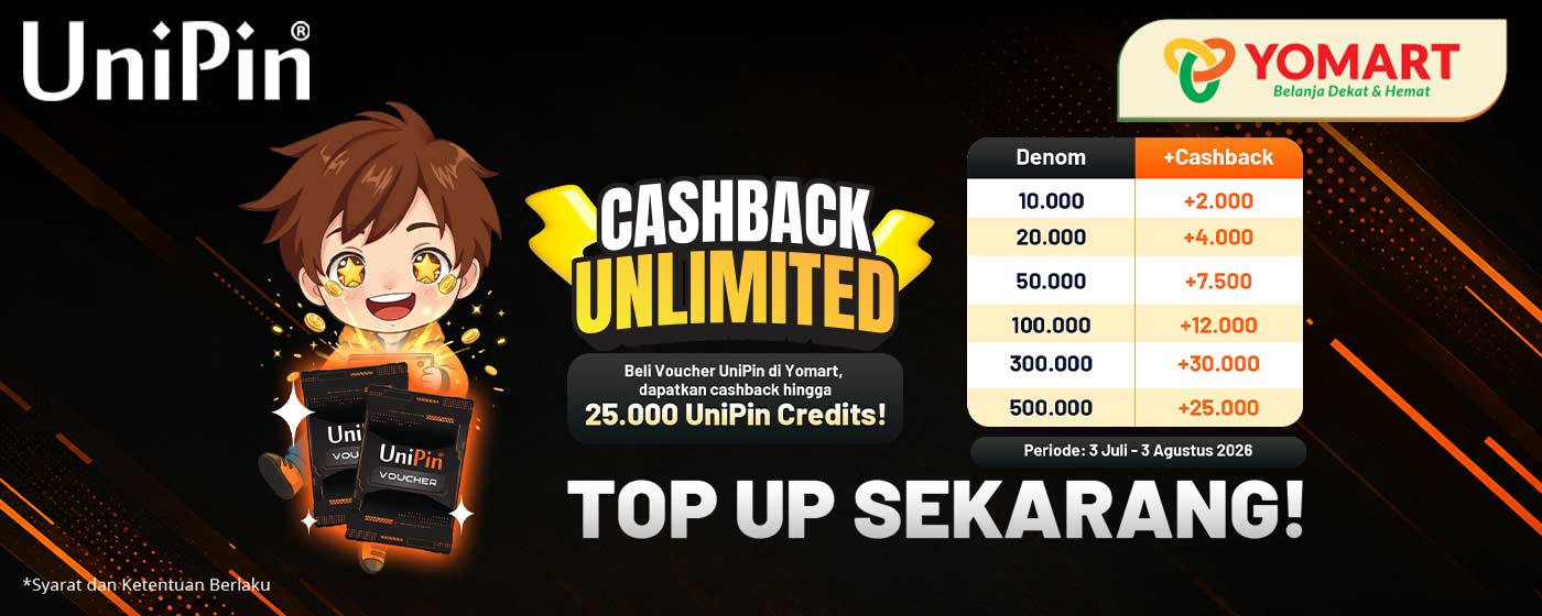 Cashback Unlimited! Beli Voucher UniPin di Yomart dan Dapatkan Cashback Hingga 25.000 UniPin Credits